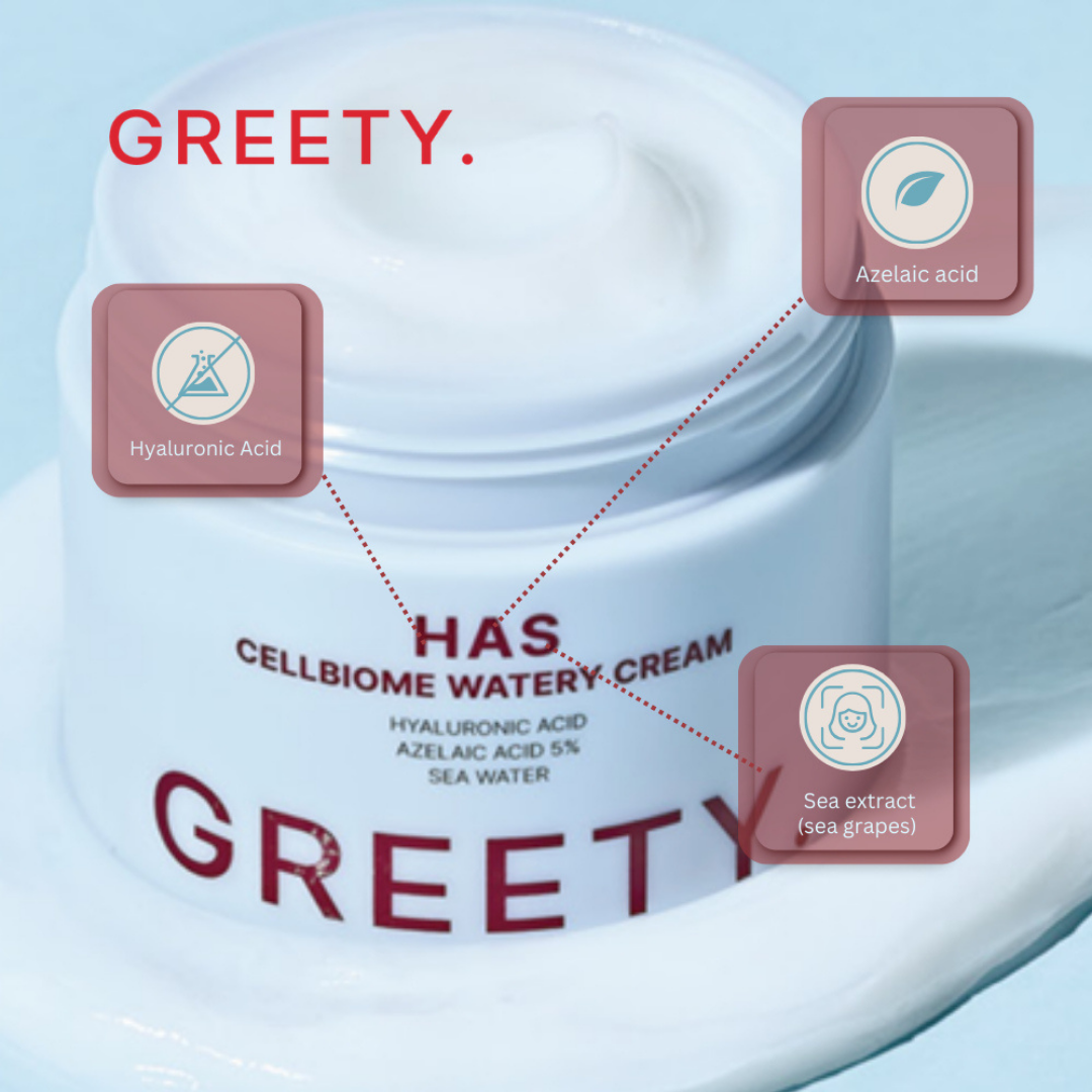 GREETY. HAS Cellbiome Watery Cream 100ml 5% Azelaic Acid Korean Moisturizer